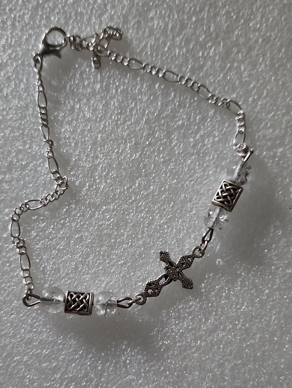 Hand Crafted Clear Bead Bracelet / Anklet with Ornate Cross - Silver